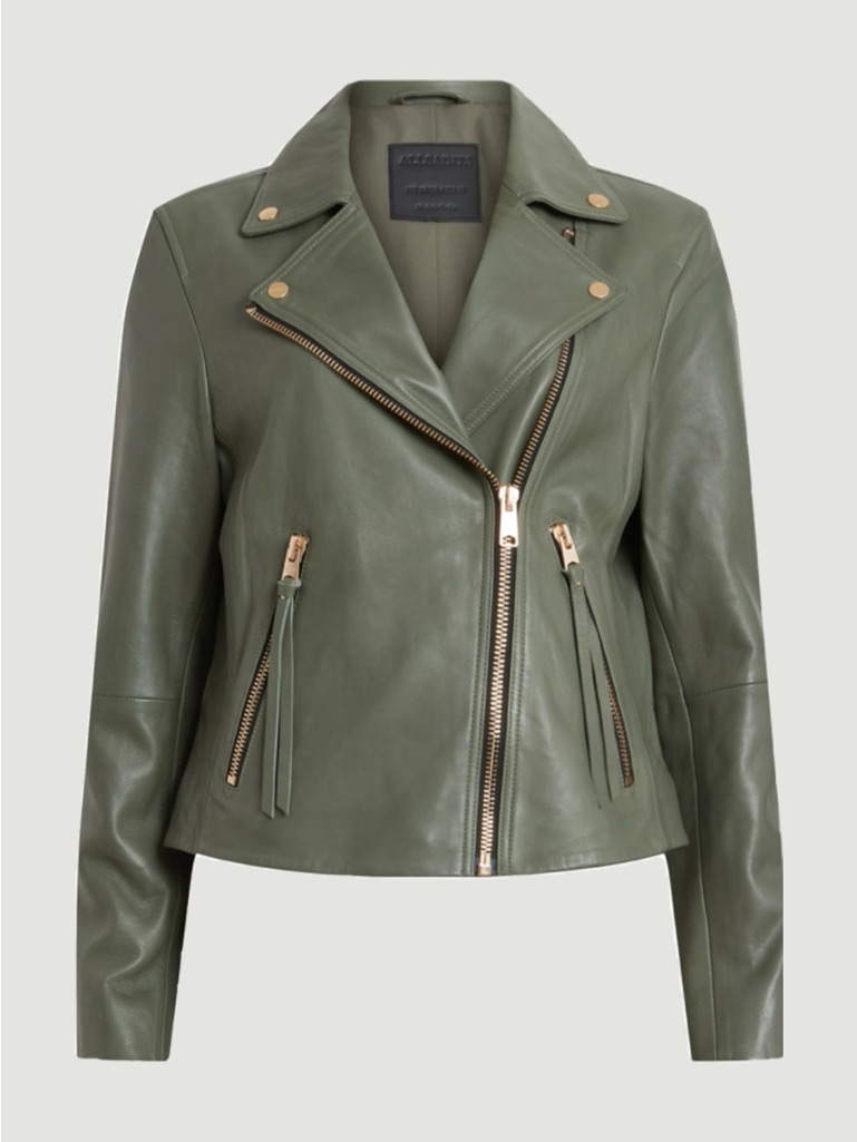 Allsaints Olive Green Leather Moto Jacket With Gold Hardware